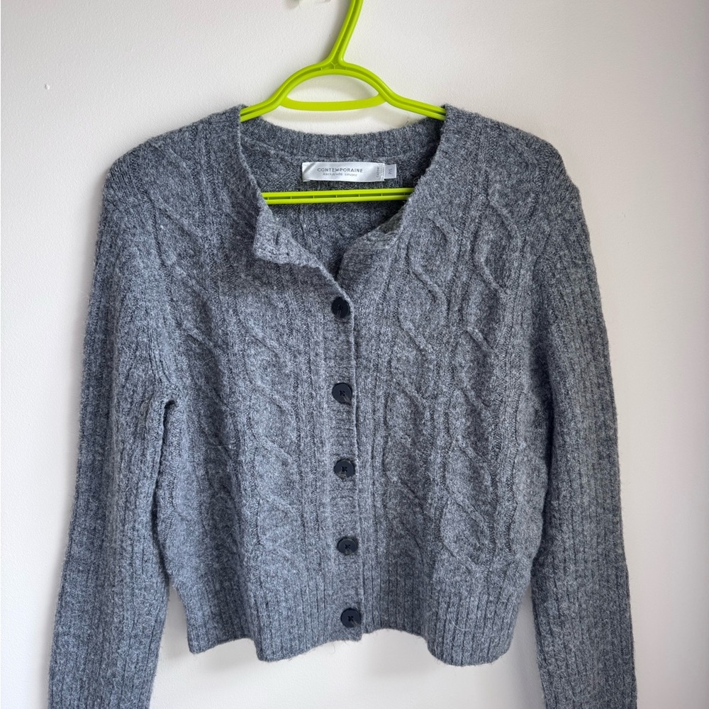 Contemporaine Gray Cable Knit Cardigan Sweater